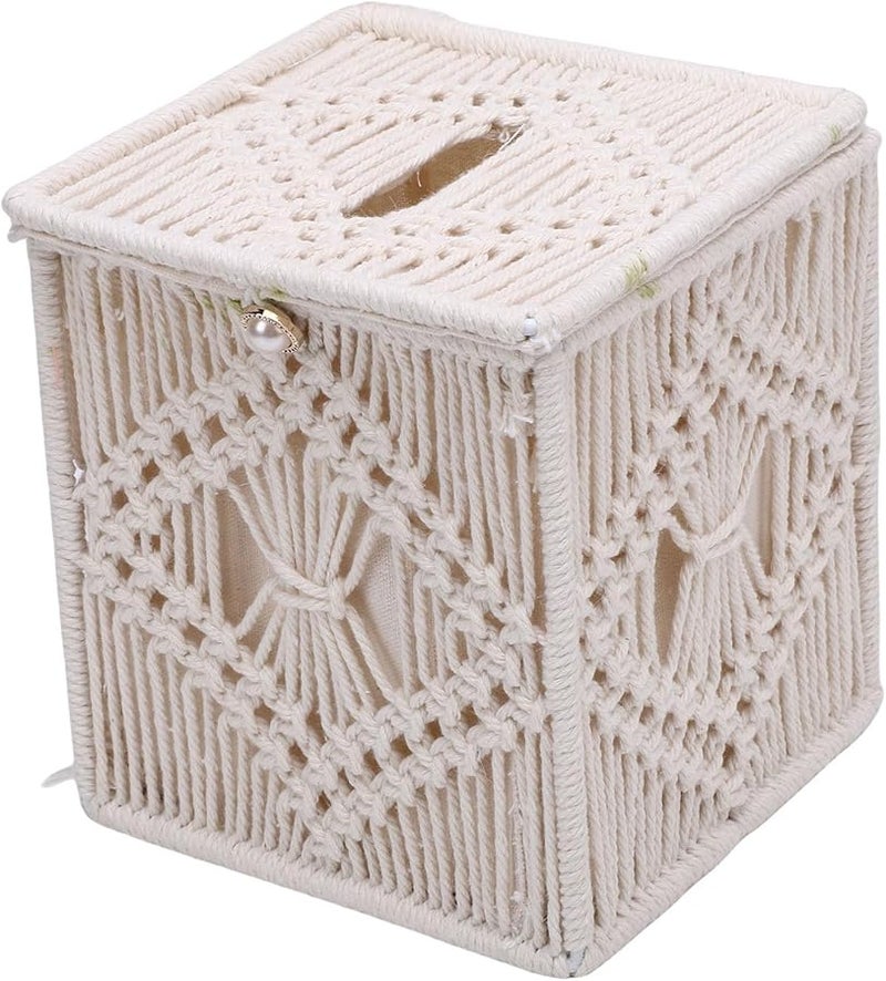 حامل علبة المناديل البوهيمي المصنوع يدويًا من حبل القطن، موزع مناديل السطح الزخرفي - Image 1